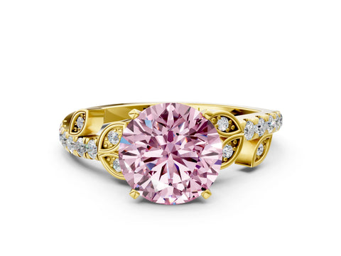 Yellow gold Fancy Pink Round Cut Solitaire Leaf-Inspired Diamond Ring with Pavé Band and Four-Prong Setting