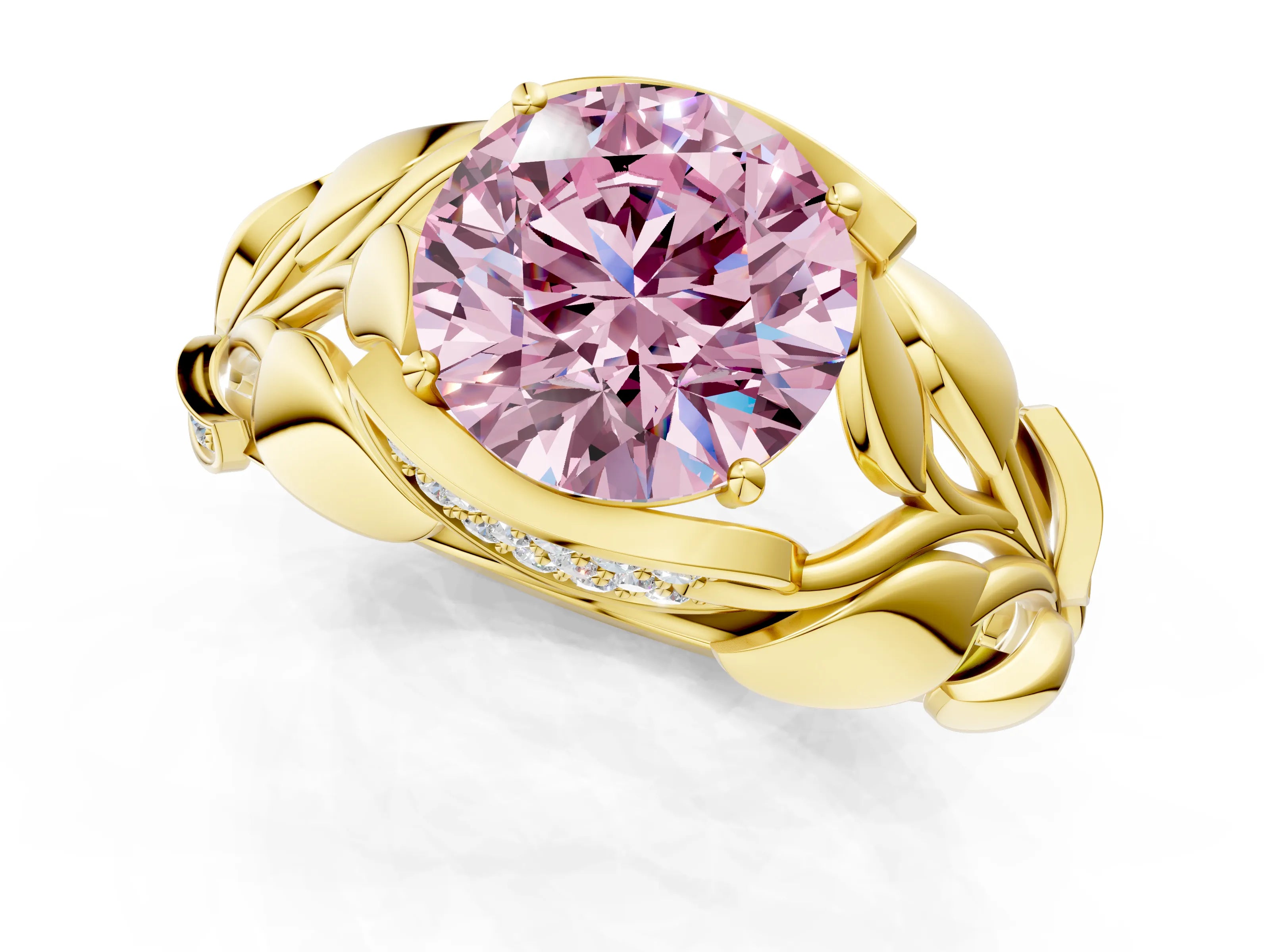 Yellow gold Fancy Pink Round Cut Solitaire Leaf-Inspired Engagement Ring with Prong Setting_1