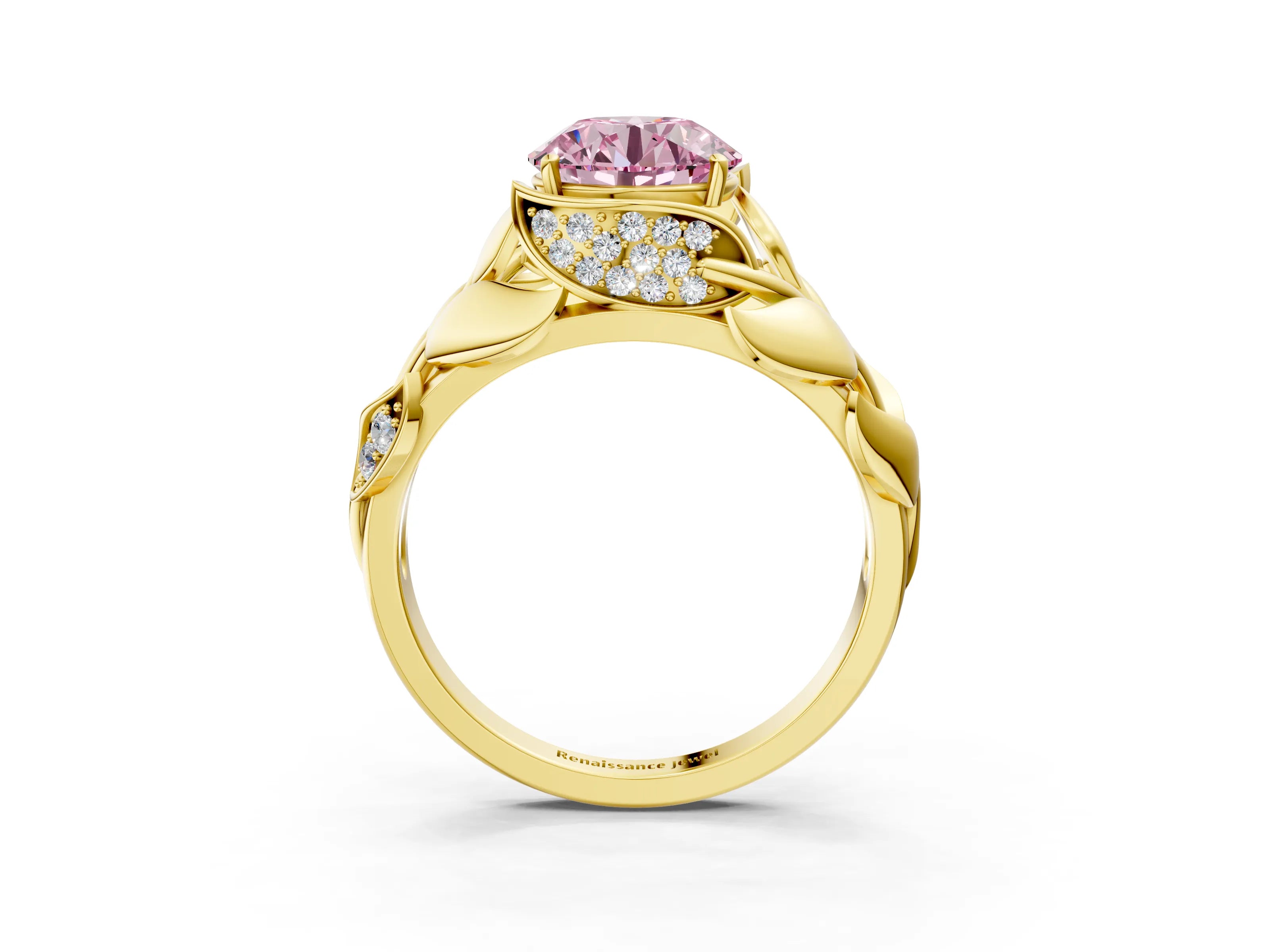 Yellow gold Fancy Pink Round Cut Solitaire Leaf-Inspired Engagement Ring with Prong Setting_3
