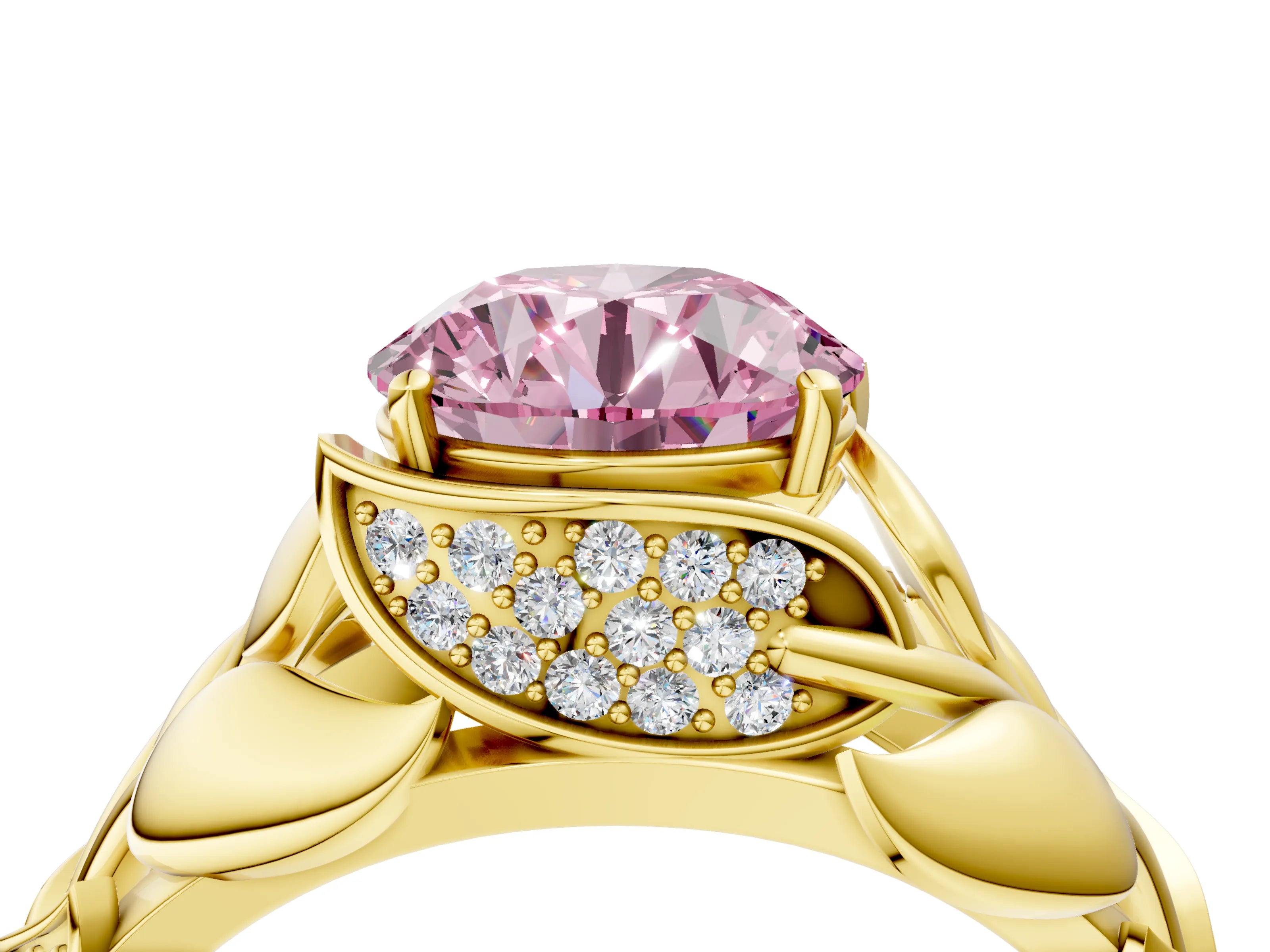 Yellow gold Fancy Pink Round Cut Solitaire Leaf-Inspired Engagement Ring with Prong Setting_4