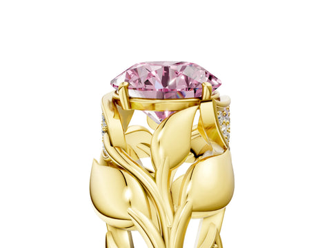 Yellow gold Fancy Pink Round Cut Solitaire Leaf-Inspired Engagement Ring with Prong Setting_5