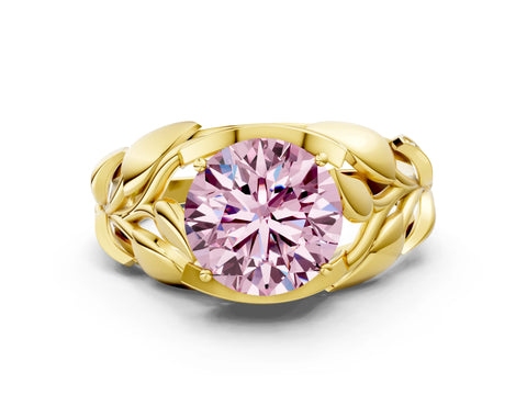 Yellow gold Fancy Pink Round Cut Solitaire Leaf-Inspired Engagement Ring with Prong Setting