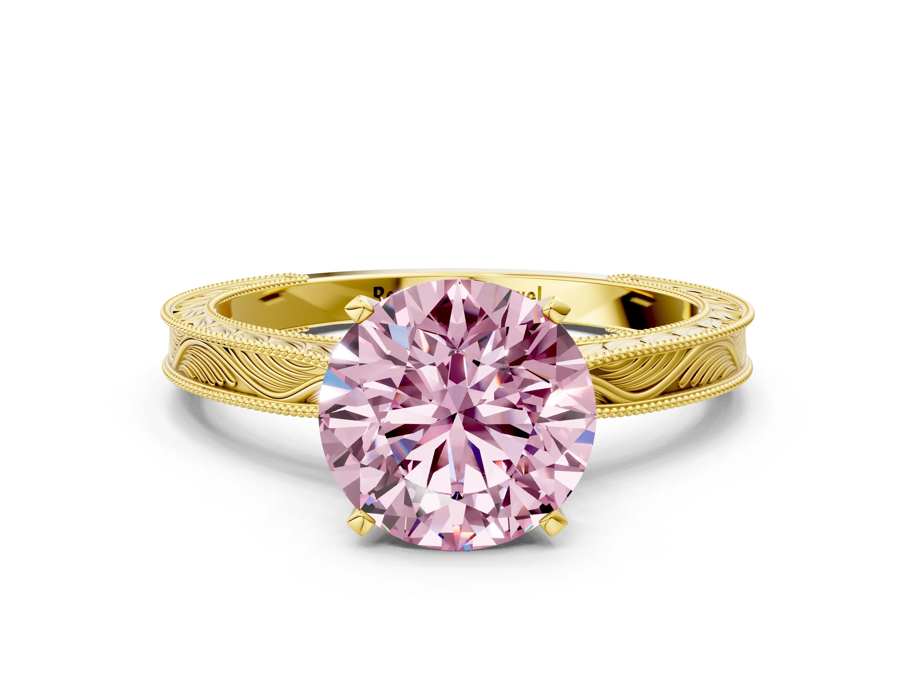 Yellow gold Fancy Pink Round Cut Solitaire Milgrain Engraved Band with Four-Prong Setting