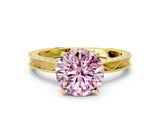Yellow gold Fancy Pink Round Cut Solitaire Milgrain Engraved Band with Four-Prong Setting