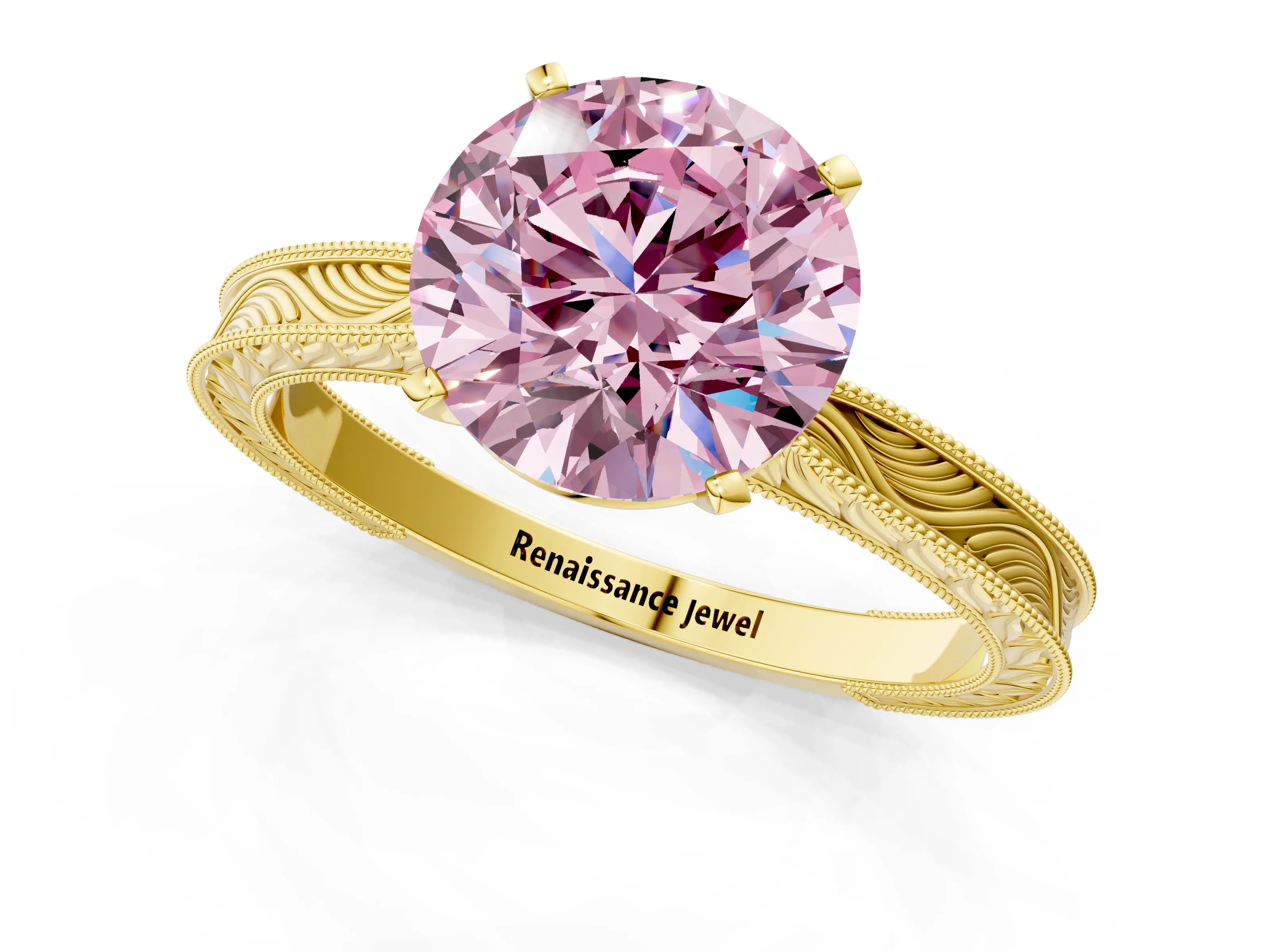 Yellow gold Fancy Pink Round Cut Solitaire Milgrain Engraved Band with Four-Prong Setting_1