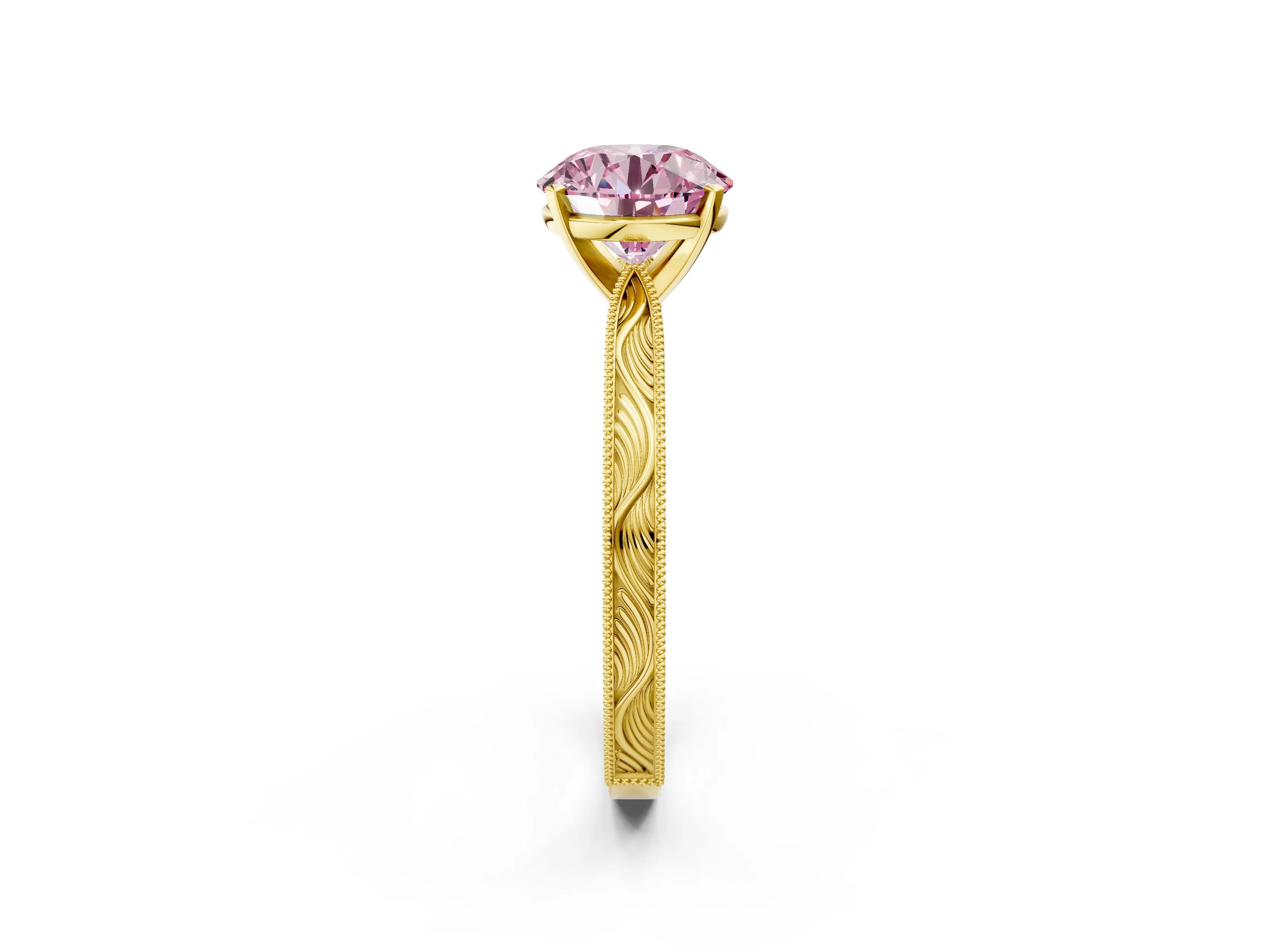 Yellow gold Fancy Pink Round Cut Solitaire Milgrain Engraved Band with Four-Prong Setting_2
