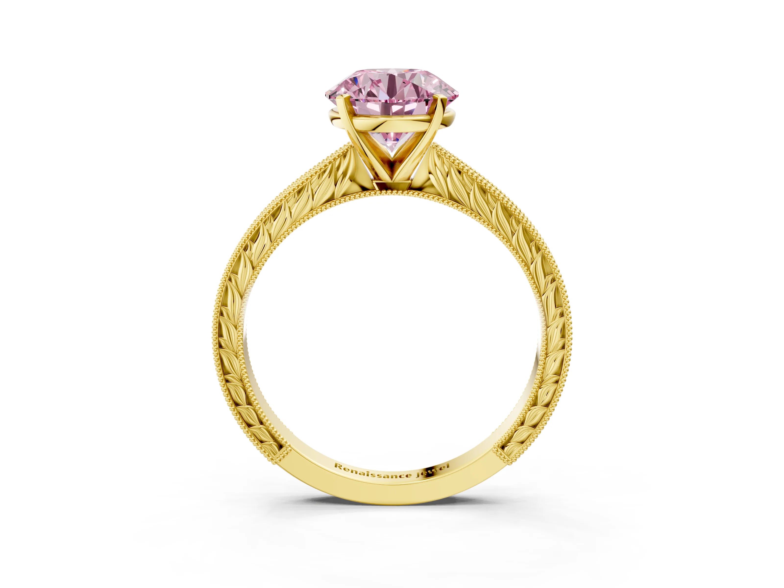 Yellow gold Fancy Pink Round Cut Solitaire Milgrain Engraved Band with Four-Prong Setting_3