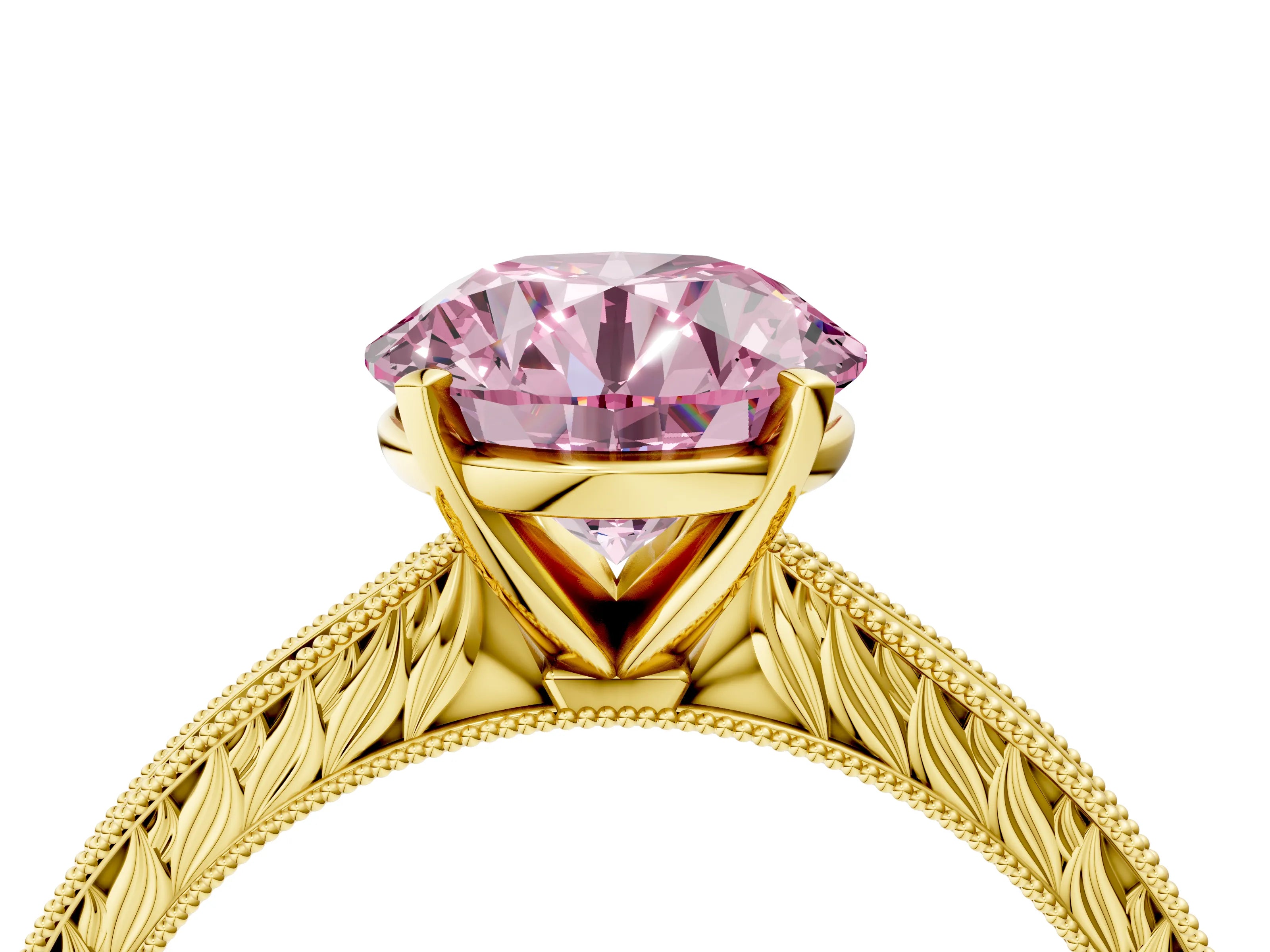Yellow gold Fancy Pink Round Cut Solitaire Milgrain Engraved Band with Four-Prong Setting_4