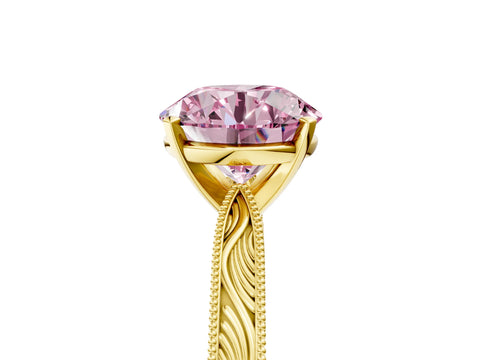 Yellow gold Fancy Pink Round Cut Solitaire Milgrain Engraved Band with Four-Prong Setting_5