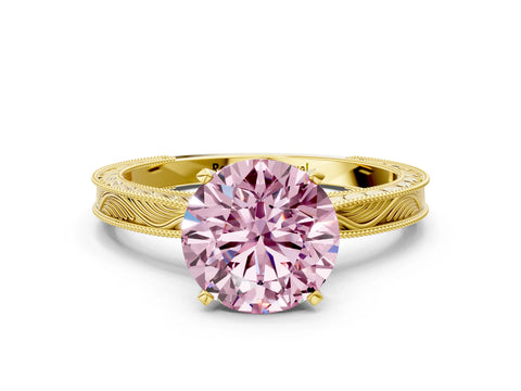 Yellow gold Fancy Pink Round Cut Solitaire Milgrain Engraved Band with Four-Prong Setting