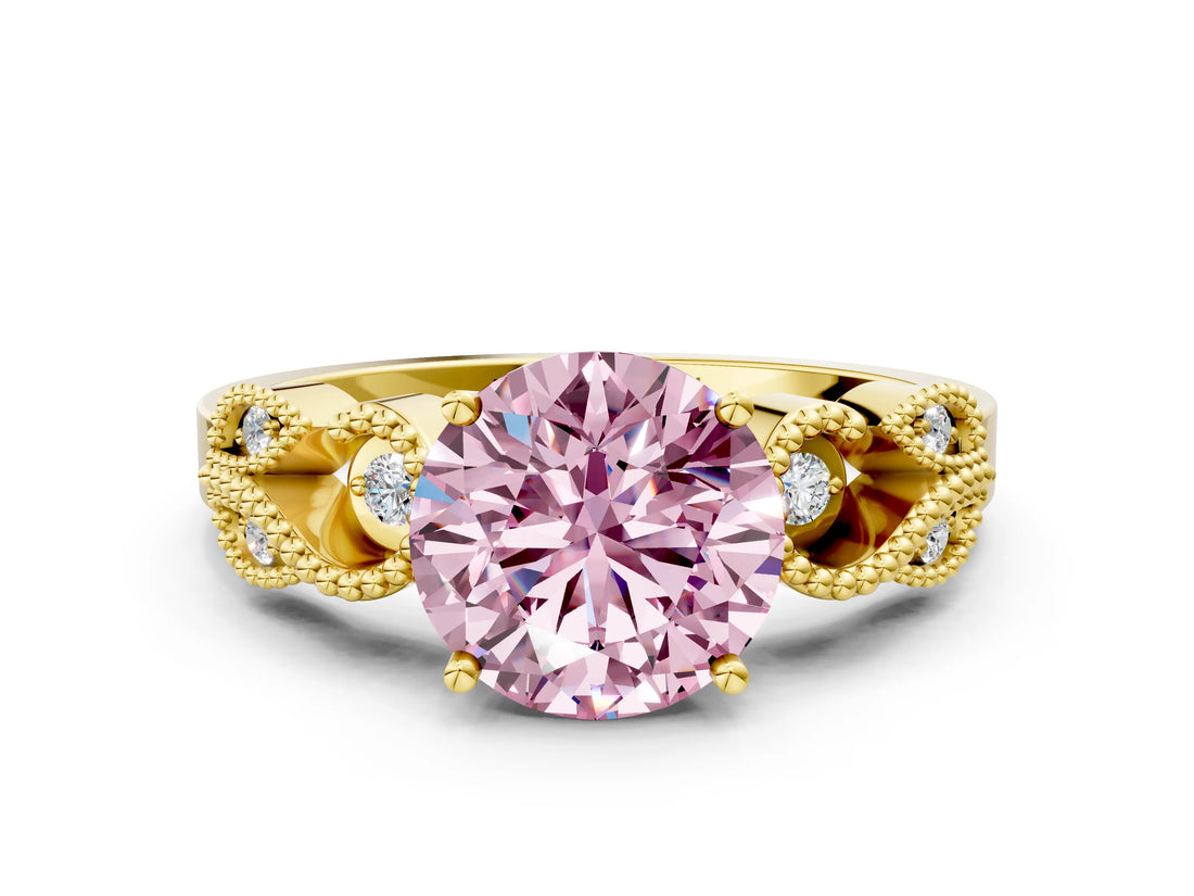 Yellow gold Fancy Pink Round Cut Solitaire Milgrain Leaf Band with Prong Setting