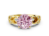 Yellow gold Fancy Pink Round Cut Solitaire Milgrain Leaf Band with Prong Setting