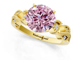 Yellow gold Fancy Pink Round Cut Solitaire Milgrain Leaf Band with Prong Setting_1