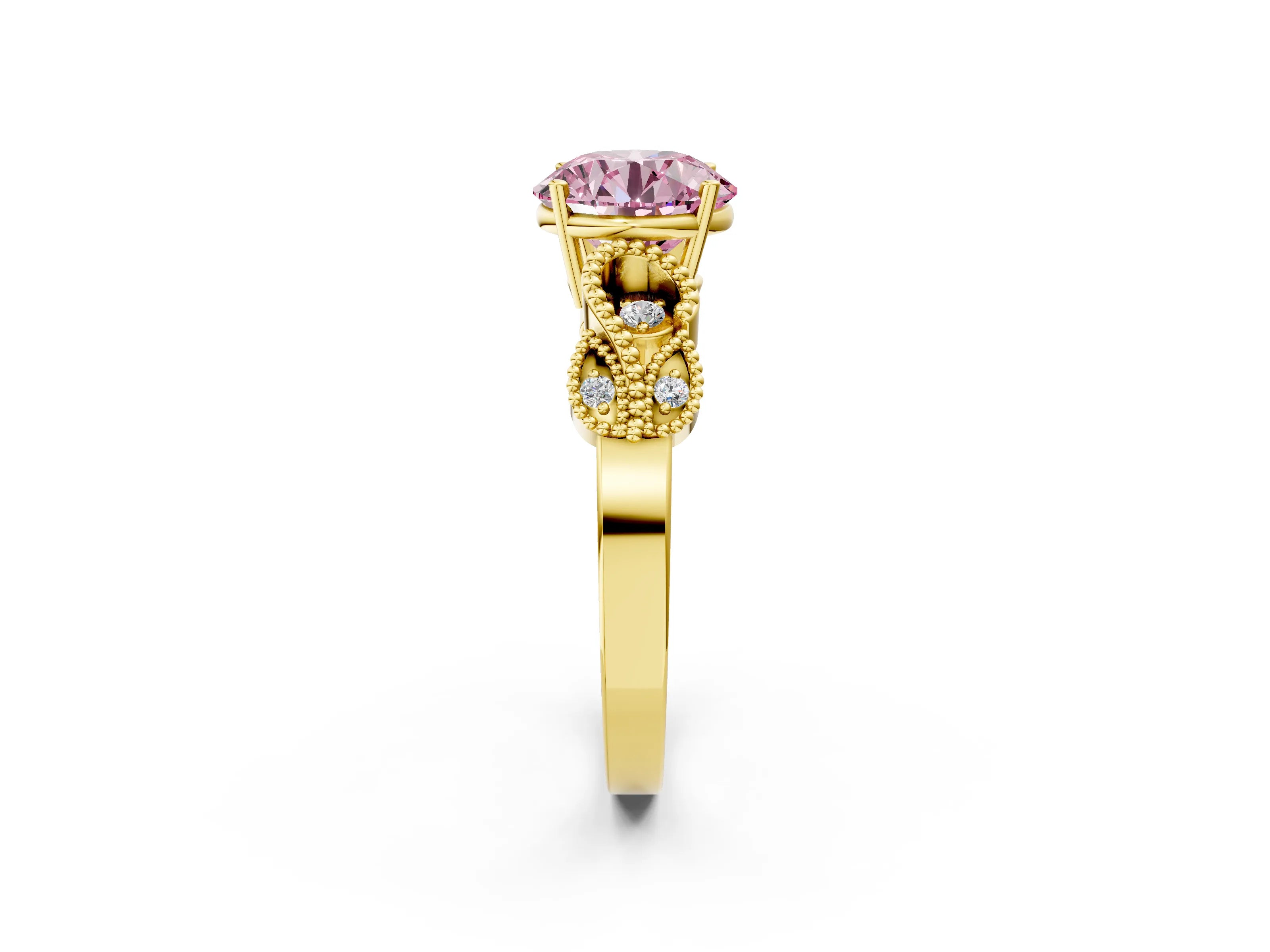 Yellow gold Fancy Pink Round Cut Solitaire Milgrain Leaf Band with Prong Setting_2