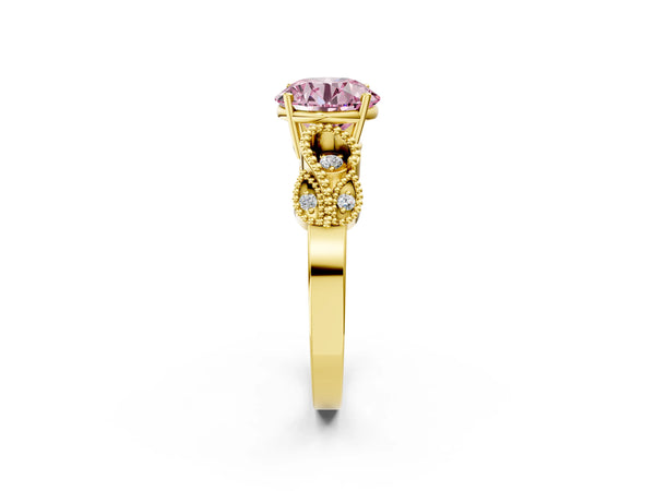 Yellow gold Fancy Pink Round Cut Solitaire Milgrain Leaf Band with Prong Setting