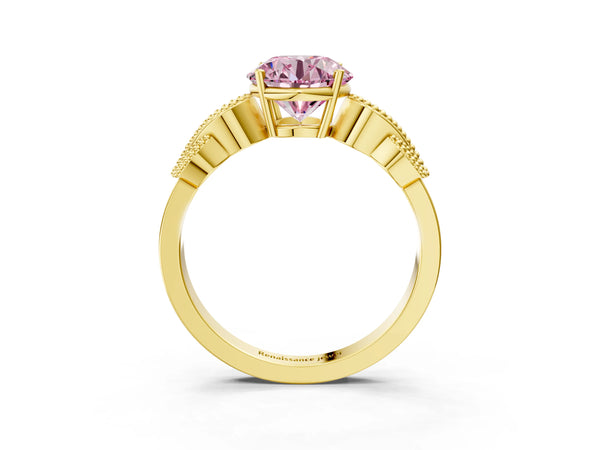 Yellow gold Fancy Pink Round Cut Solitaire Milgrain Leaf Band with Prong Setting