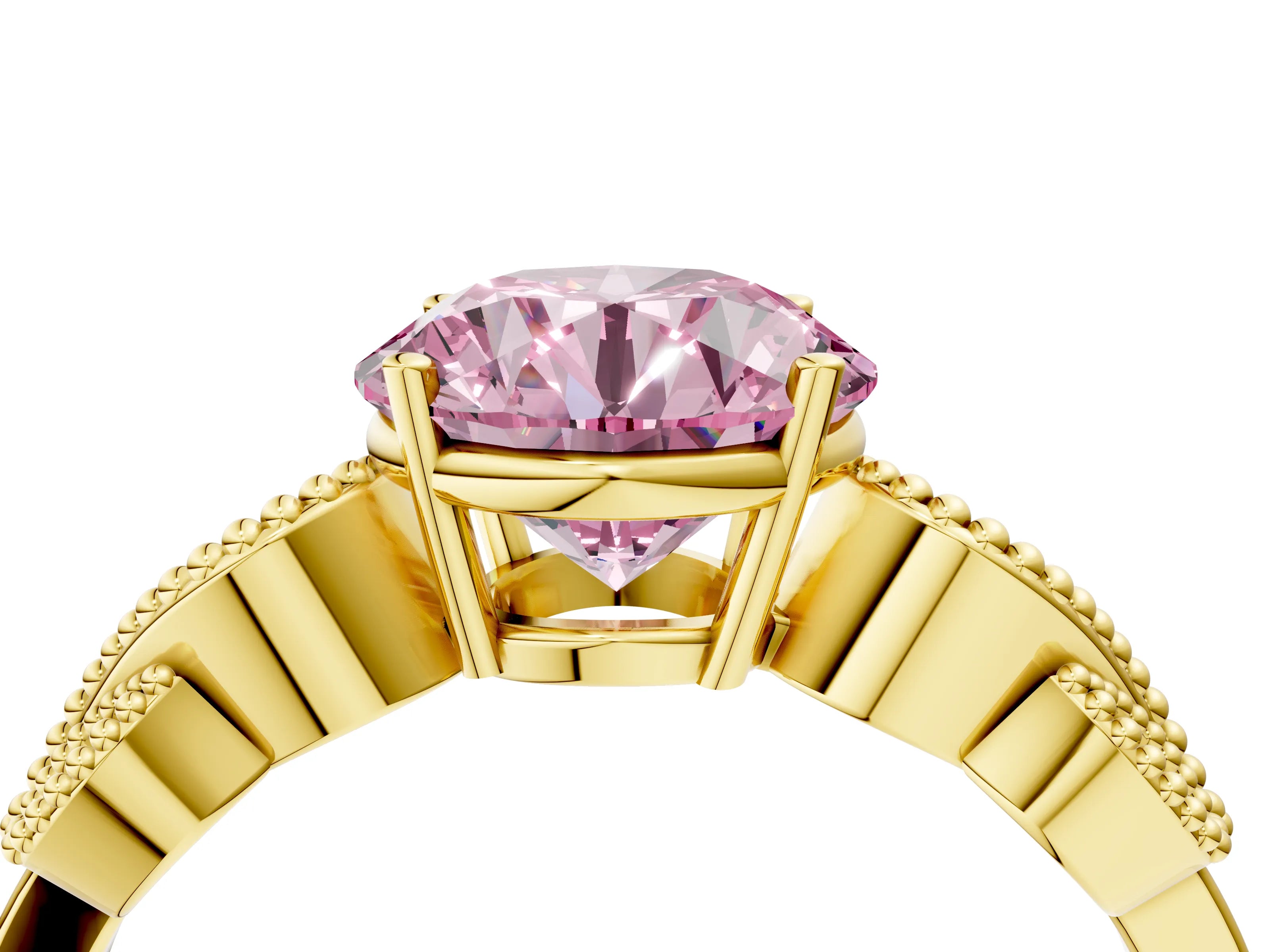 Yellow gold Fancy Pink Round Cut Solitaire Milgrain Leaf Band with Prong Setting_4