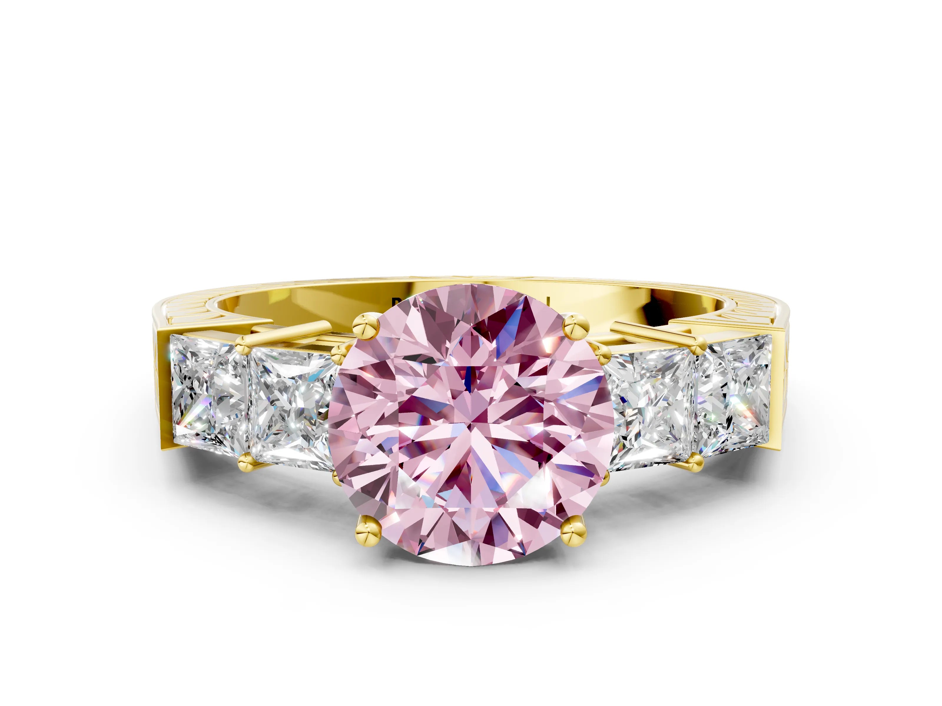 Yellow gold Fancy Pink Round Cut Solitaire Princess Side Stone Engraved Band Prong Setting Ring