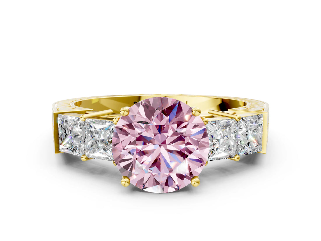 Yellow gold Fancy Pink Round Cut Solitaire Princess Side Stone Engraved Band Prong Setting Ring