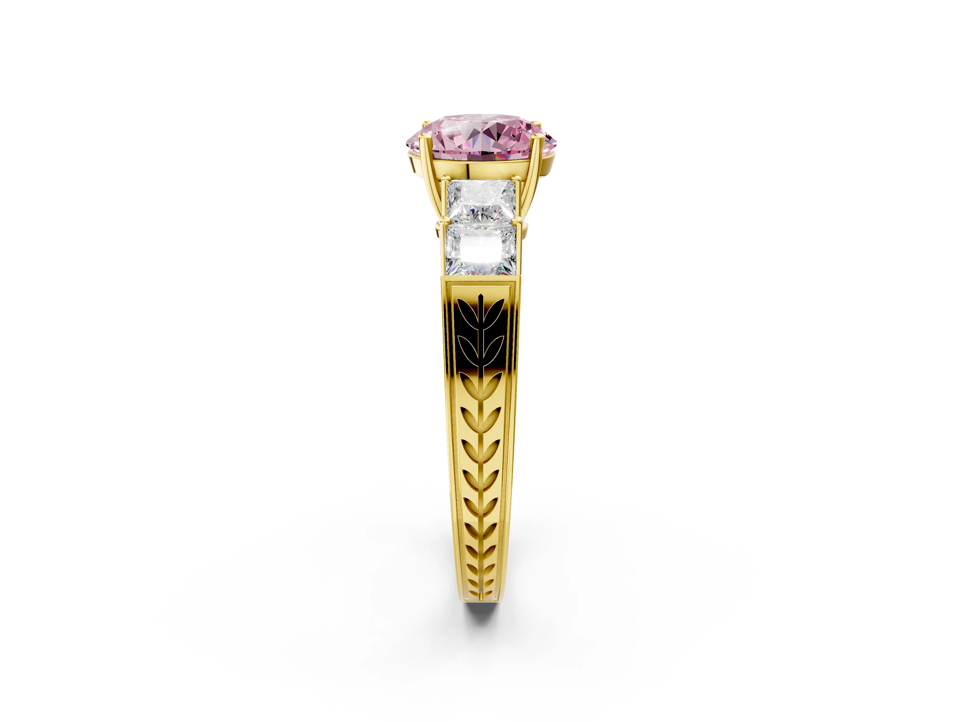 Yellow gold Fancy Pink Round Cut Solitaire Princess Side Stone Engraved Band Prong Setting Ring_2
