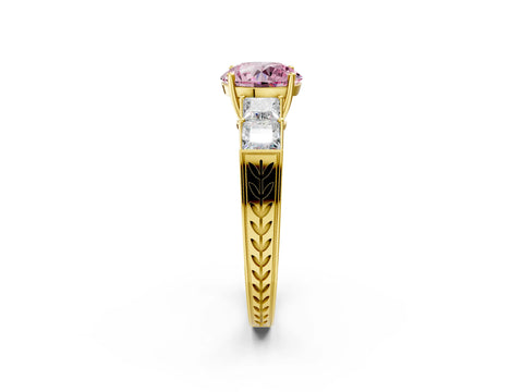Yellow gold Fancy Pink Round Cut Solitaire Princess Side Stone Engraved Band Prong Setting Ring_2