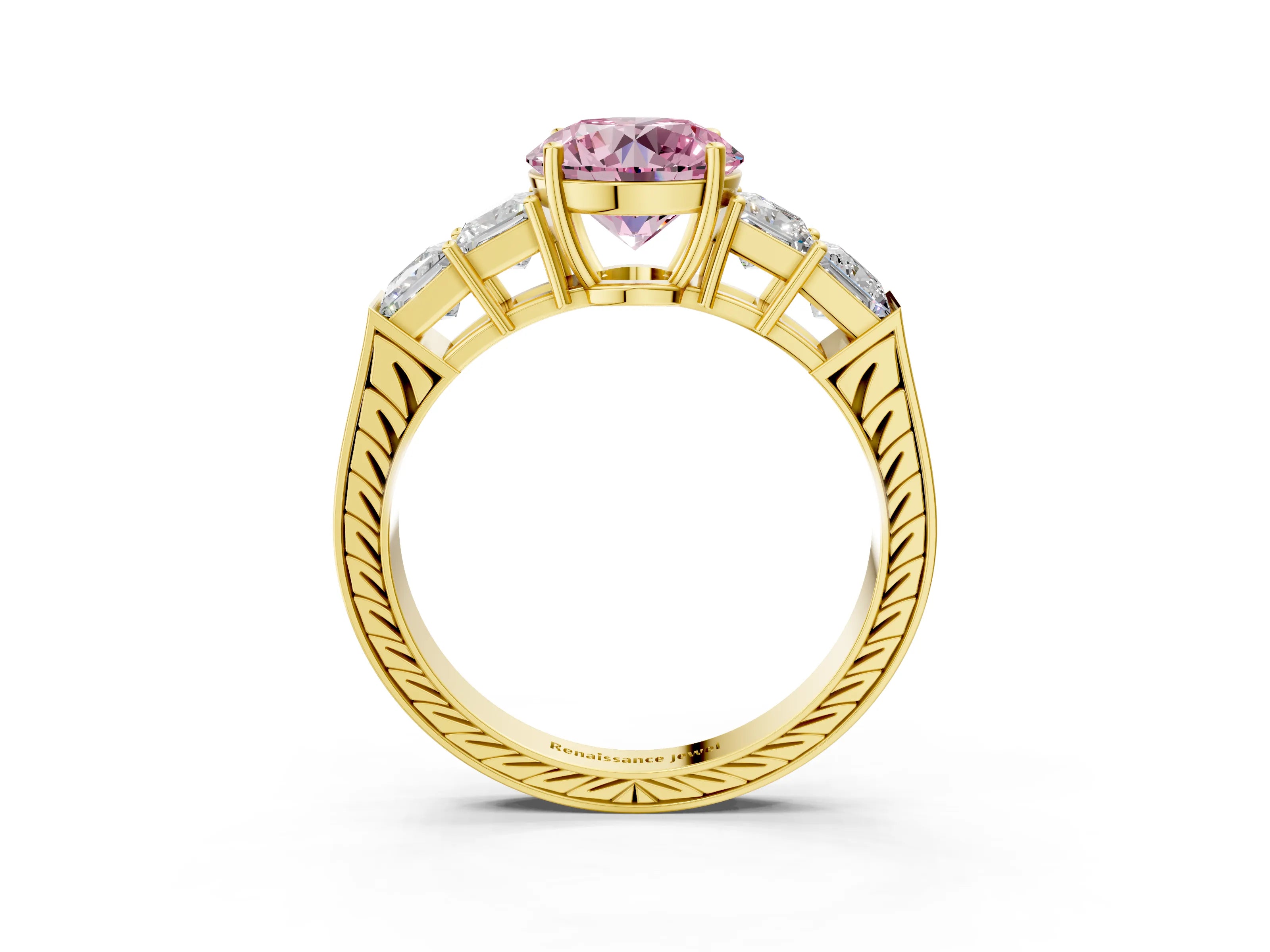 Yellow gold Fancy Pink Round Cut Solitaire Princess Side Stone Engraved Band Prong Setting Ring_3