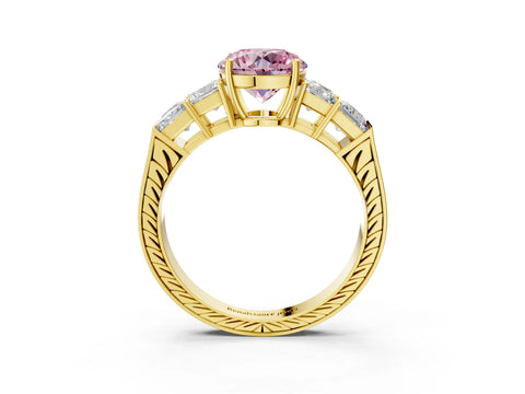 Yellow gold Fancy Pink Round Cut Solitaire Princess Side Stone Engraved Band Prong Setting Ring_3