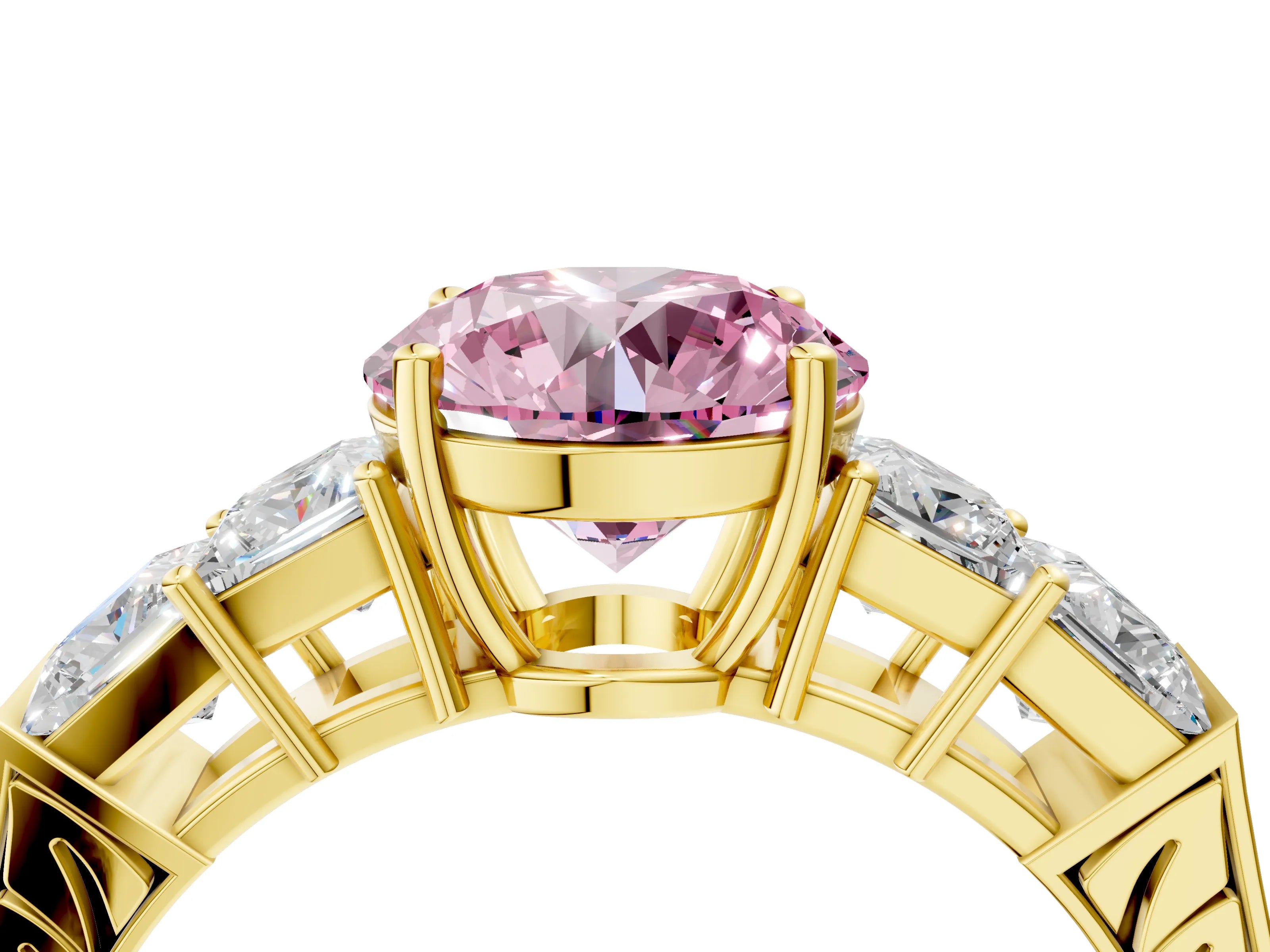 Yellow gold Fancy Pink Round Cut Solitaire Princess Side Stone Engraved Band Prong Setting Ring_4