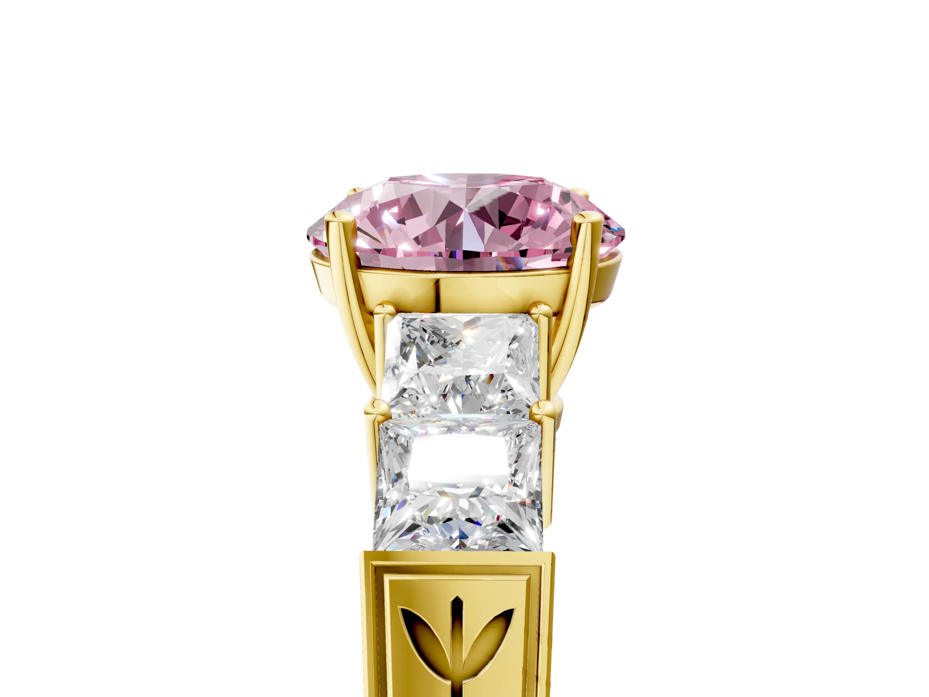 Yellow gold Fancy Pink Round Cut Solitaire Princess Side Stone Engraved Band Prong Setting Ring_5