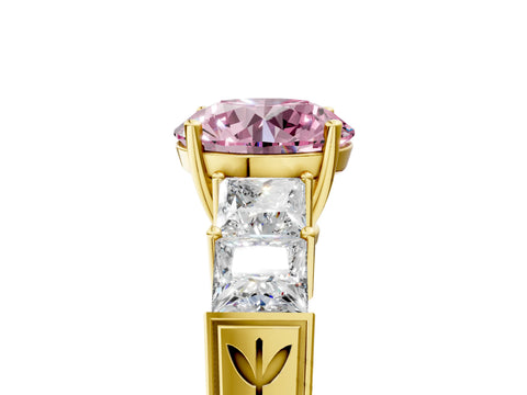Yellow gold Fancy Pink Round Cut Solitaire Princess Side Stone Engraved Band Prong Setting Ring_5