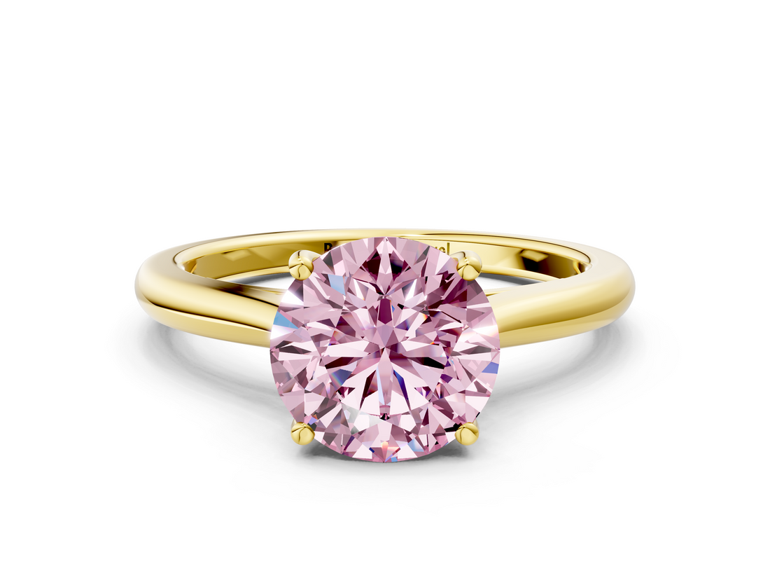 Yellow gold Fancy Pink Round  Cut Solitaire Ring with Cathedral Band and Four-Prong Setting