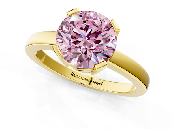 Yellow gold Fancy Pink Round  Cut Solitaire Ring with Four-Prong Setting and Classic Band