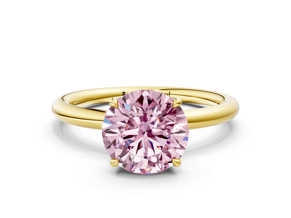 Yellow gold Fancy Pink Round Cut Diamond Solitaire Ring with Thin Band and Four-Prong Setting