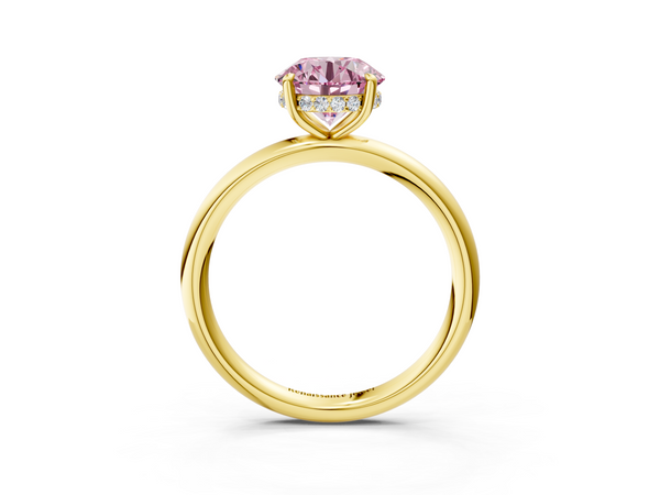 Yellow gold Fancy Pink Round Cut Diamond Solitaire Ring with Thin Band and Four-Prong Setting