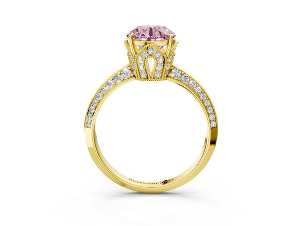 Yellow Gold Round Graduated Pave Engagement Ring Setting for Fancy Pink Center