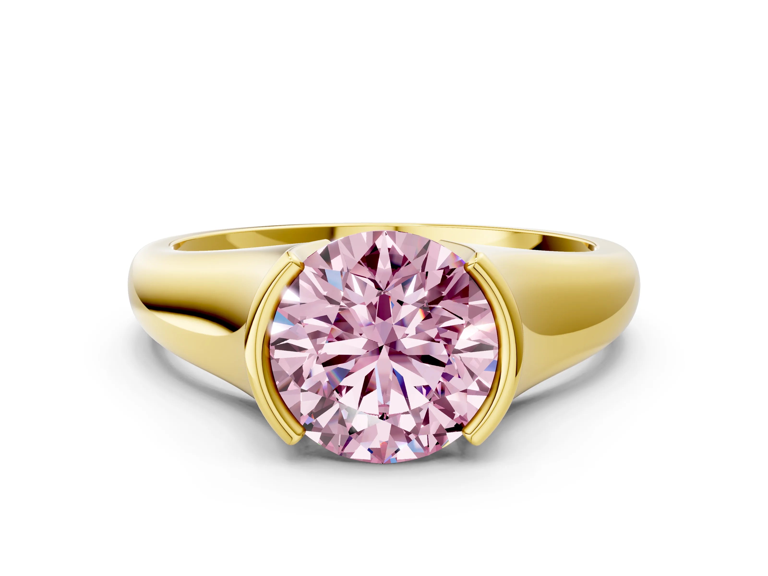 Yellow gold Fancy Pink Round Cut Solitaire Tension Set Diamond Ring with Split Shank Band