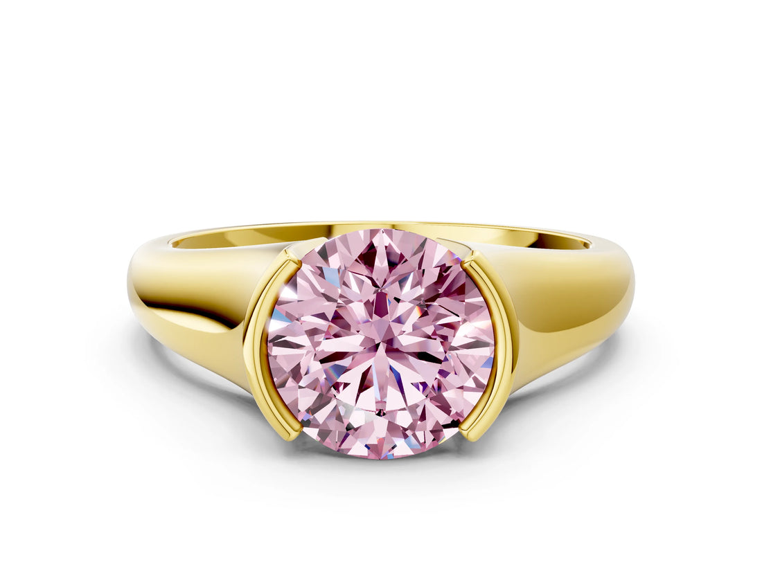 Yellow gold Fancy Pink Round Cut Solitaire Tension Set Diamond Ring with Split Shank Band