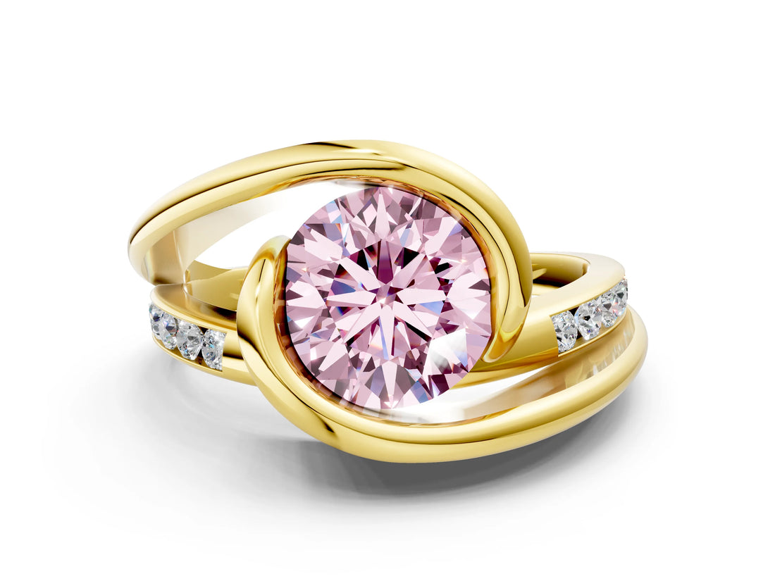 Yellow gold Fancy Pink Round Cut Solitaire Tension-Set Diamond Split Shank Ring