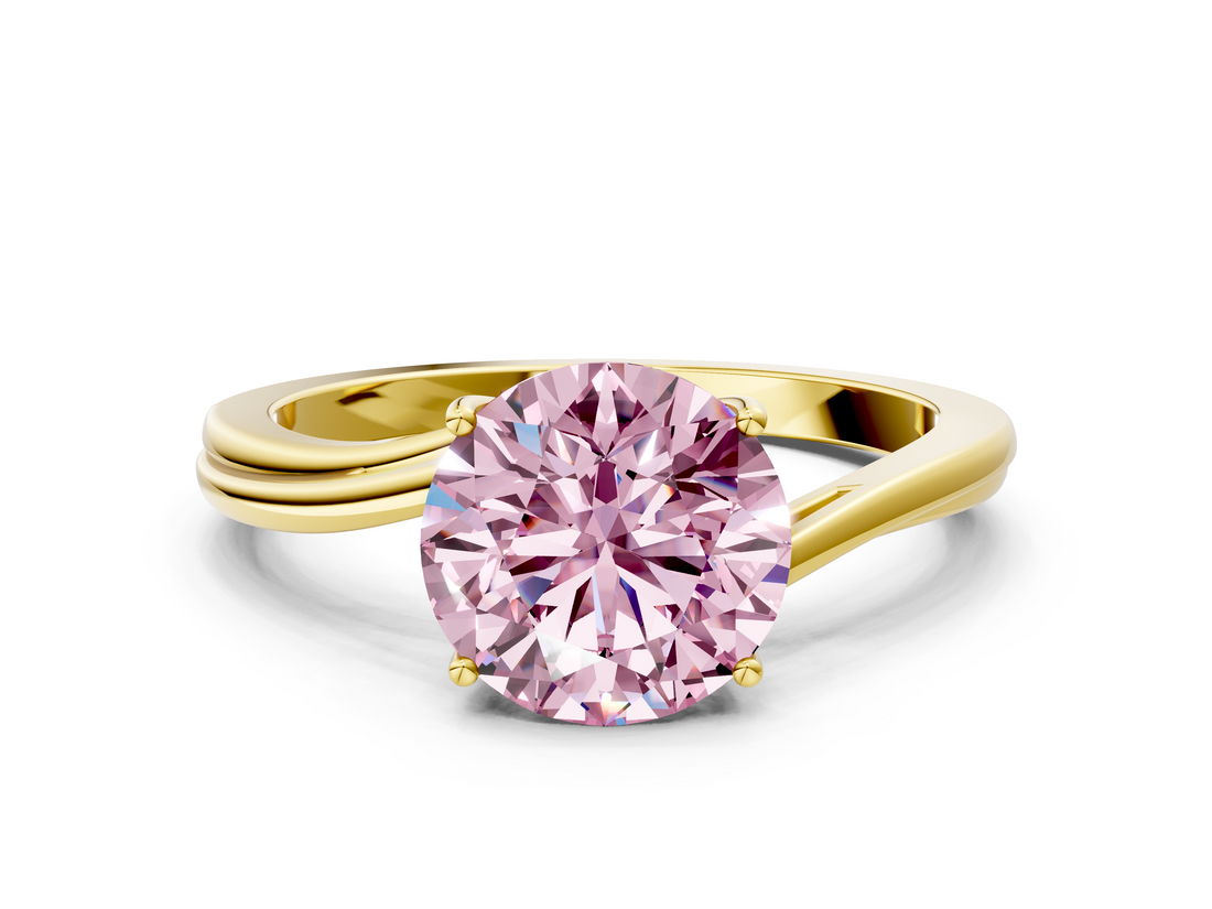 Yellow gold Fancy Pink Round  Cut Solitaire Twist Band Ring with Four-Prong Setting