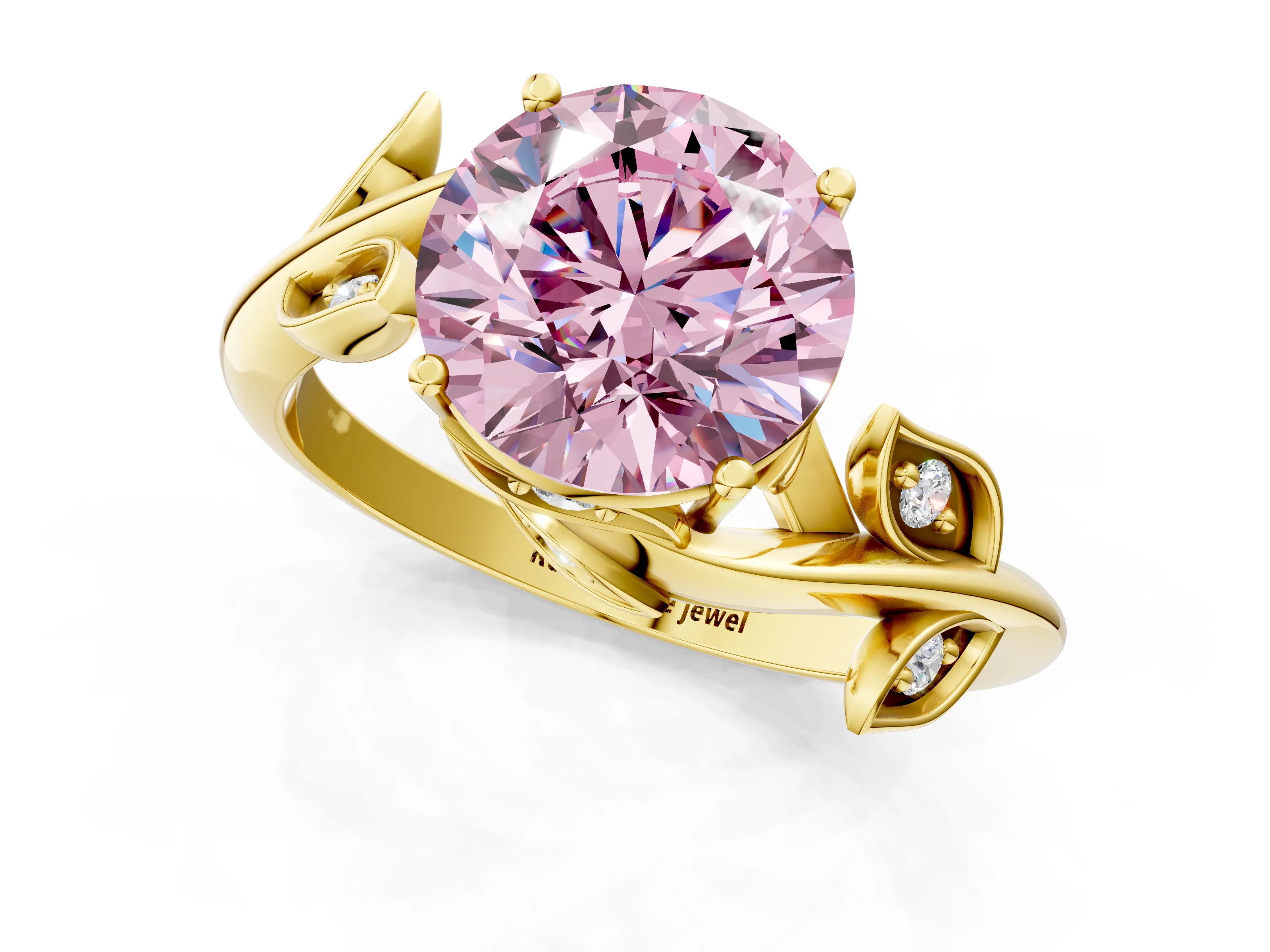 Yellow gold Fancy Pink Round Cut Solitaire Twist Engagement Ring with Leaf Accents and Prong Setting_1