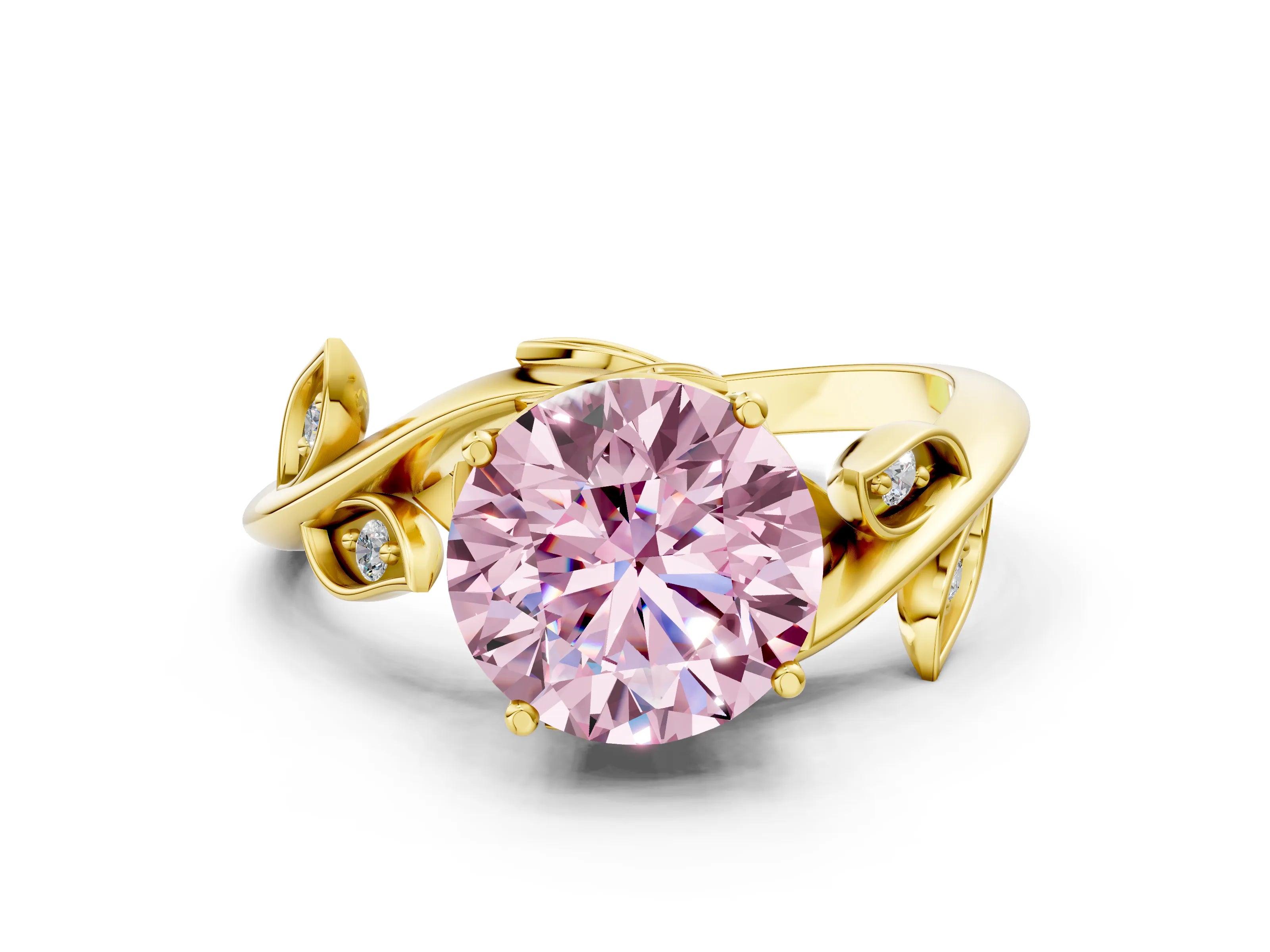 Yellow gold Fancy Pink Round Cut Solitaire Twist Engagement Ring with Leaf Accents and Prong Setting_12