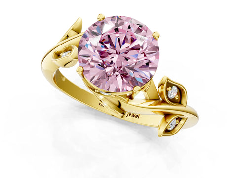 Yellow gold Fancy Pink Round Cut Solitaire Twist Engagement Ring with Leaf Accents and Prong Setting_13