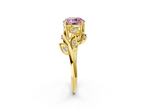 Yellow gold Fancy Pink Round Cut Solitaire Twist Engagement Ring with Leaf Accents and Prong Setting_14