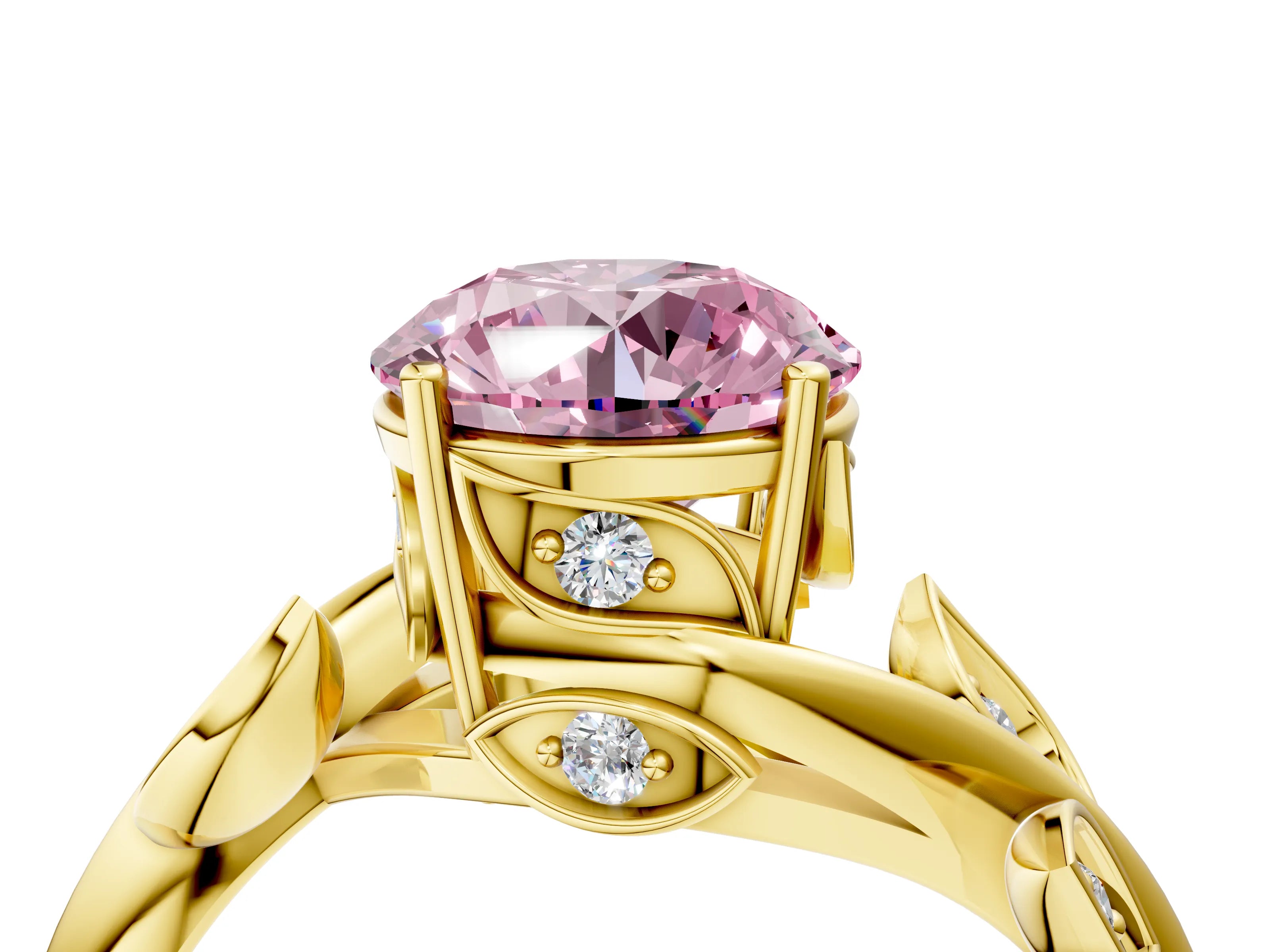 Yellow gold Fancy Pink Round Cut Solitaire Twist Engagement Ring with Leaf Accents and Prong Setting_16