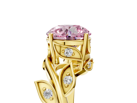 Yellow gold Fancy Pink Round Cut Solitaire Twist Engagement Ring with Leaf Accents and Prong Setting_17