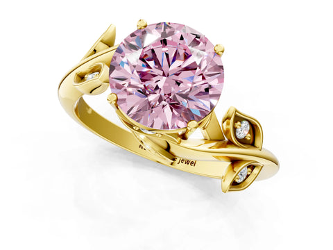 Yellow gold Fancy Pink Round Cut Solitaire Twist Engagement Ring with Leaf Accents and Prong Setting_1
