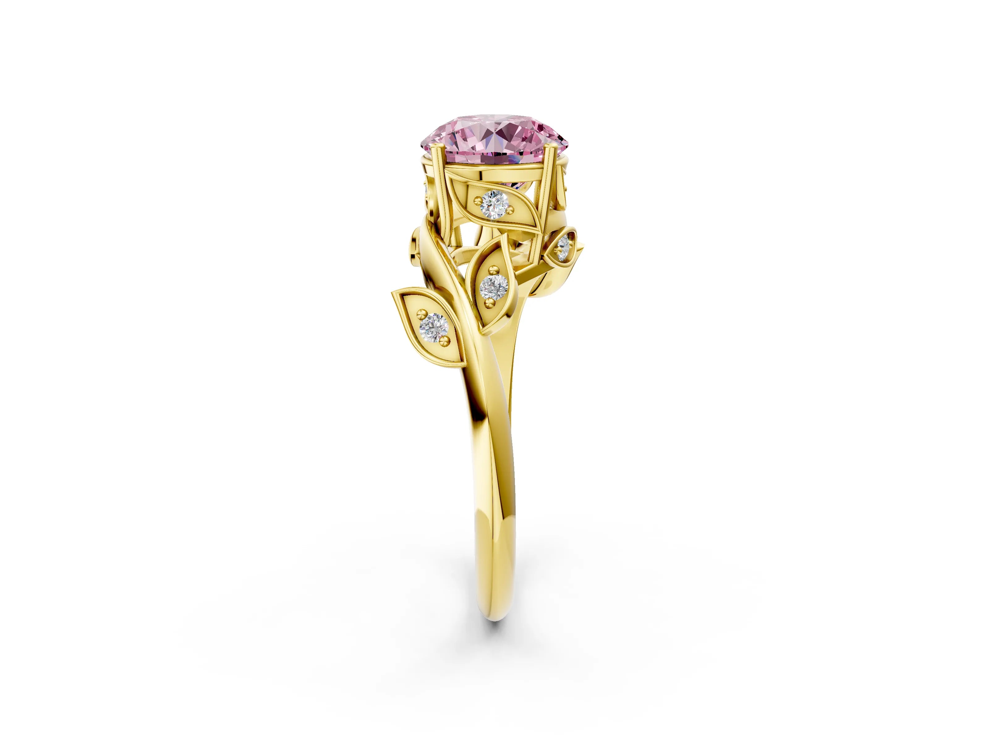 Yellow gold Fancy Pink Round Cut Solitaire Twist Engagement Ring with Leaf Accents and Prong Setting_2