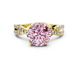 Yellow gold Fancy Pink Round Cut Solitaire Twist Pave Diamond Engagement Ring with Prong Setting