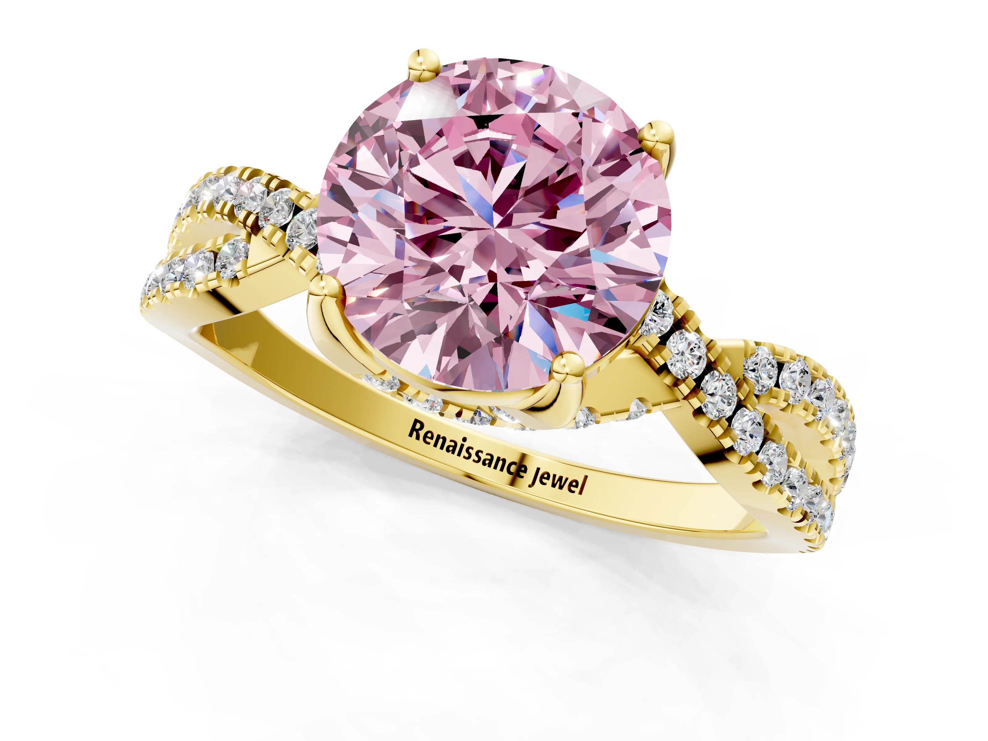 Yellow gold Fancy Pink Round Cut Solitaire Twist Pave Diamond Engagement Ring with Prong Setting_1