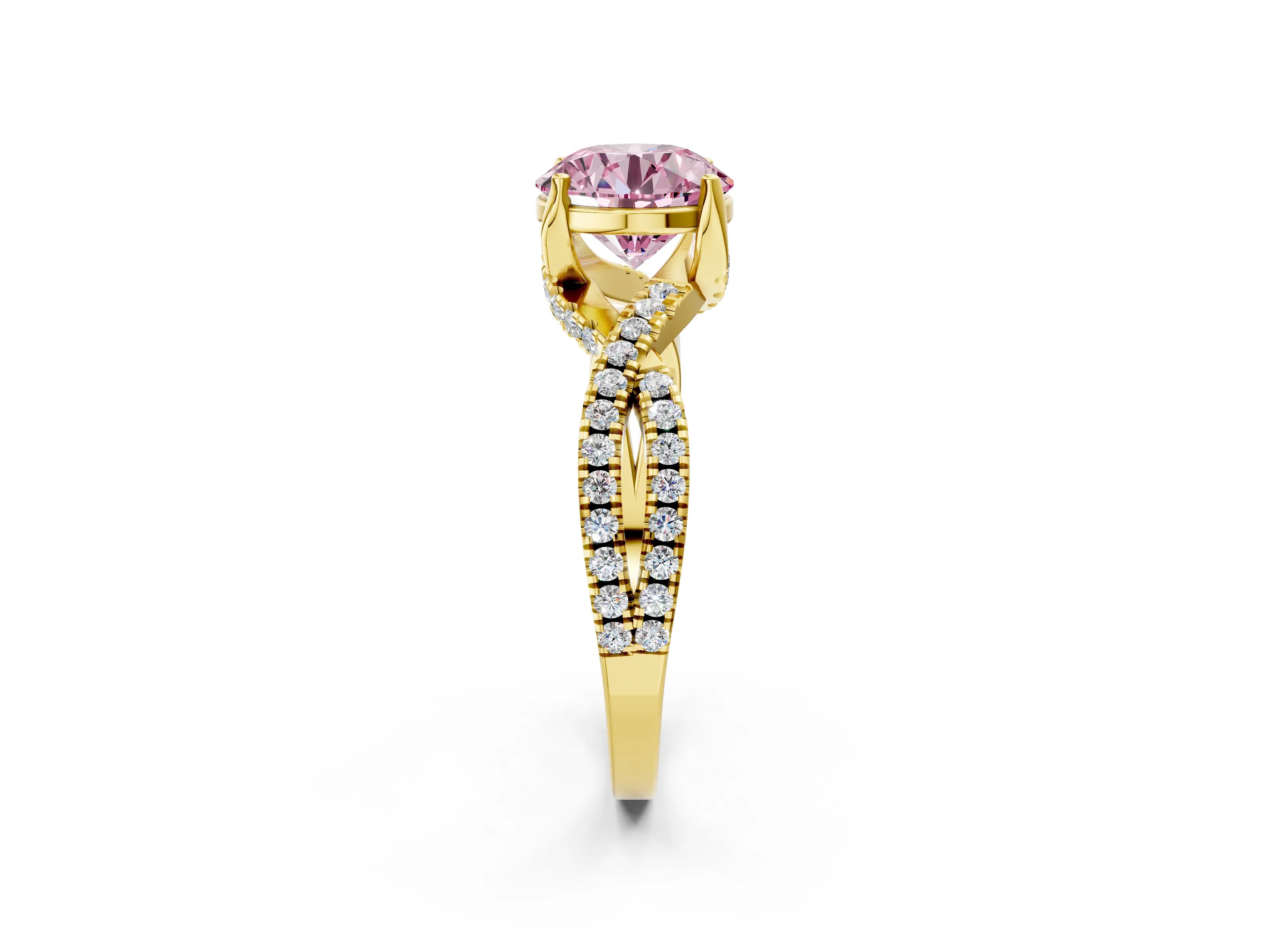 Yellow gold Fancy Pink Round Cut Solitaire Twist Pave Diamond Engagement Ring with Prong Setting_2